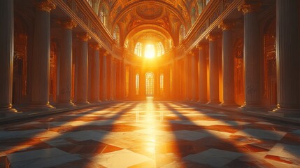 Sunlit Cathedral Nave, Marble Floor, Columns, Sunlight, Architecture, Interior, Religious, Golden,  Artwork,  Peaceful