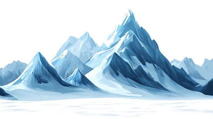 Tall snow-capped mountain summits isolated against a blank white canvas