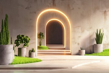 Fototapeta premium Modern Minimalist Interior with Neon Arched Doorways and Stylish Greenery in Contemporary Design Space