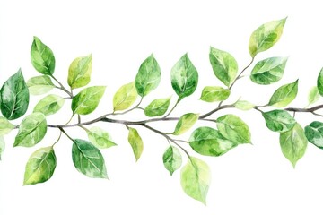 Fototapeta premium A watercolor seamless border featuring lush green leaves and delicate branches for wedding invitations and DIY projects.