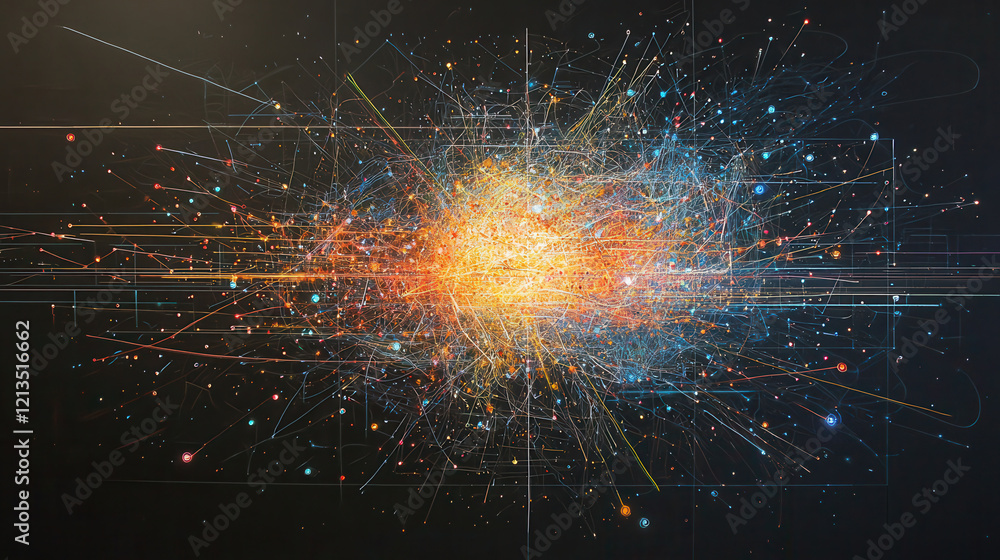 Poster vibrant multi dimensional data chart pulsating with neon colors, showcasing interconnected nodes and dynamic energy lines on dark background