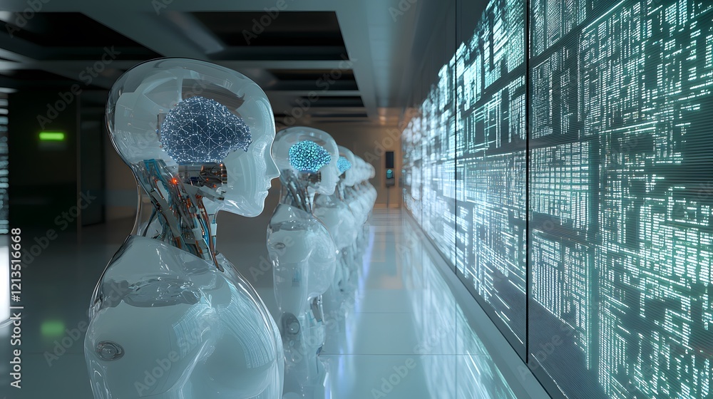 Poster transparent robots line up facing data wall