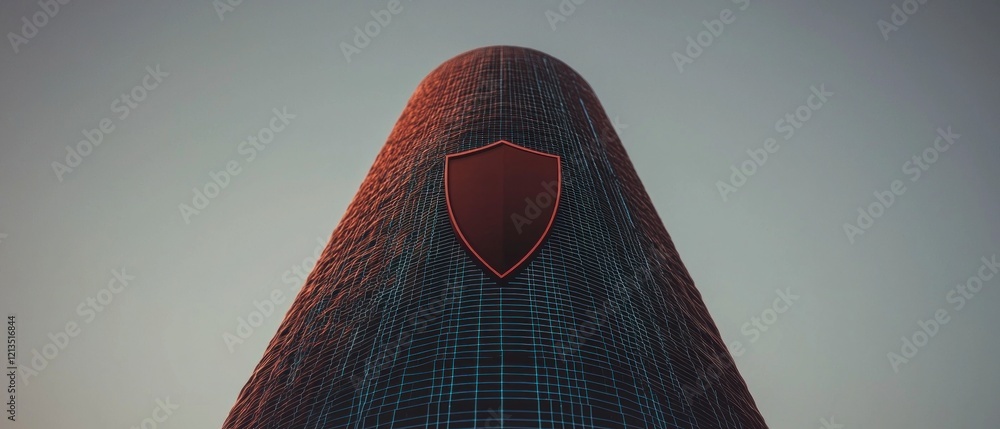 Poster futuristic building digital grid shield security cyber technology network data prot