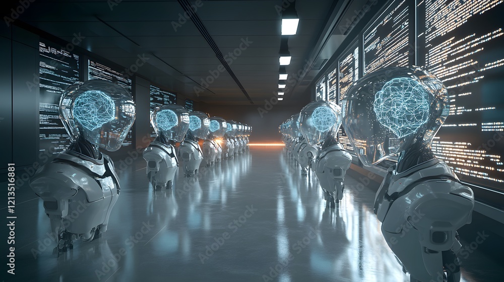Poster ai robots line up in a futuristic data center