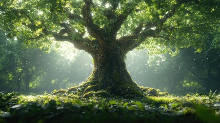 Fototapeta premium Majestic ancient tree stands tall in sunlit forest
