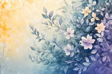 A watercolor winter scene featuring frosted flowers, leaves, and delicate brushstrokes in a soft pastel palette.