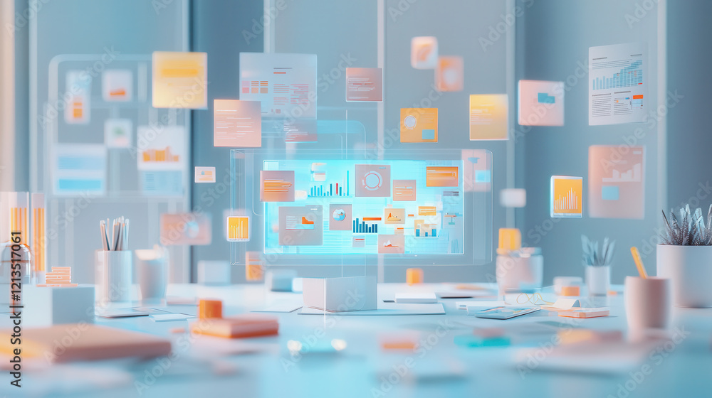 Poster serene marketing strategy room with holographic display showcasing data charts and floating document
