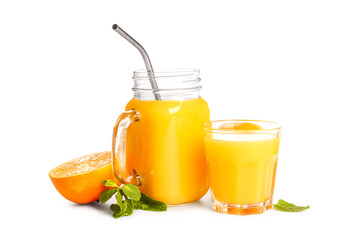 Glass and mason jar of fresh orange juice with mint on white background