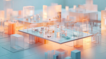 Obraz premium serene marketing strategy room with holographic display showcasing futuristic data visualization and glowing architectural models