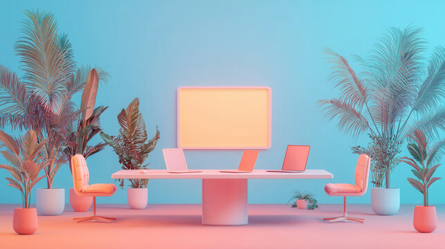 serene marketing strategy room with holographic screen, laptops, and vibrant plants in pastel toned setting