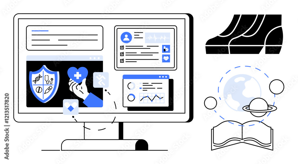 Poster computer monitor displays online health management system with various medical and data analysis ico