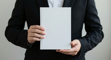 A person in a formal black suit holds a plain white hardcover book with both hands, positioned in front of their chest.