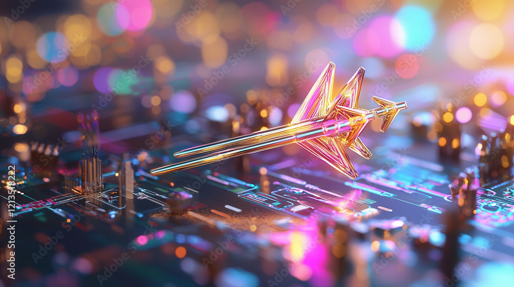 Poster vibrant abstract concept of consumer targeting represented by glowing arrow on futuristic circuit bo