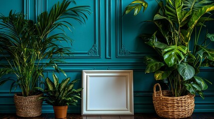 Fototapeta premium White frame mockup against teal wall with tropical plants.