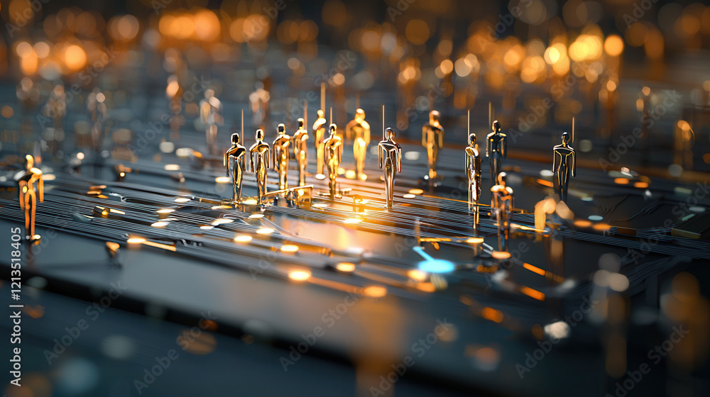 Poster conceptual representation of consumer targeting with golden human figures on glowing circuit board, 