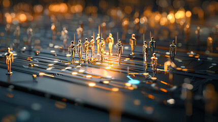 conceptual representation of consumer targeting with golden human figures on glowing circuit board, symbolizing technology and data connections