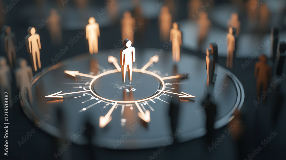 Poster conceptual representation of consumer targeting with glowing human figures and arrows on circular in