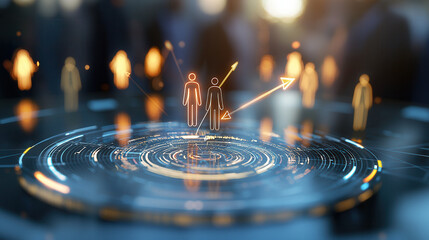 futuristic concept of consumer targeting with glowing human icons, data visualization, and digital interface in blurred background