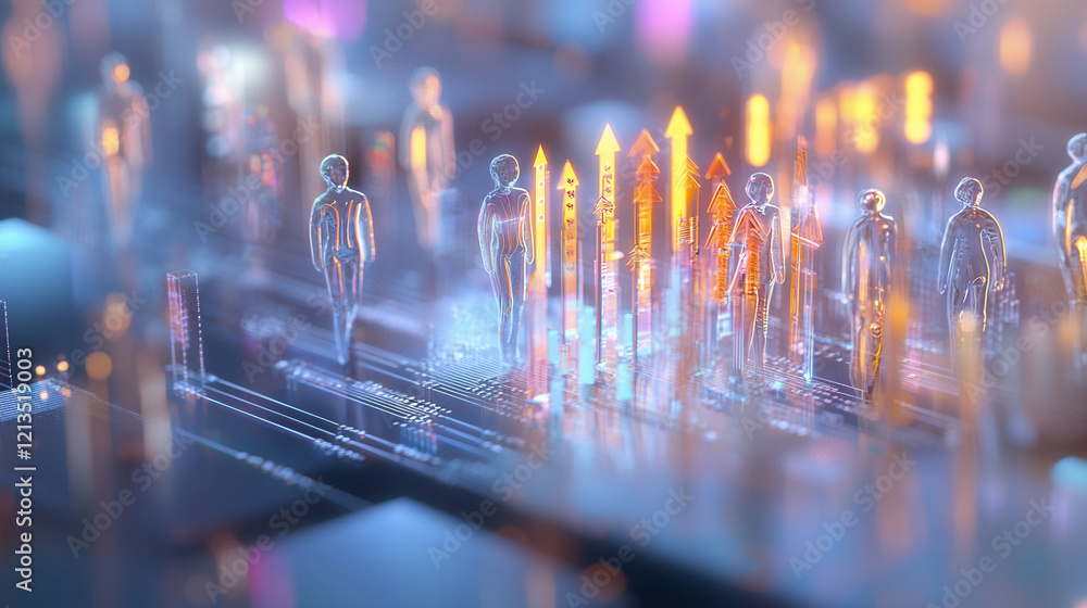 Poster futuristic concept of consumer targeting with glowing arrows and digital human figures, symbolizing 