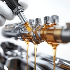 Gloved hand pouring engine oil into a machine