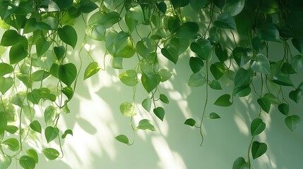 Lush Green Foliage Cascading Down a Pale Green Wall Dappled Sunlight Creates Shadows and Highlights Vibrant Leaves Evoking Serenity and Natural Beauty