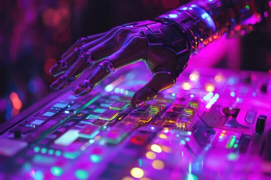 High Angle Shot of a Human and Robot Hand Collaborating on a Futuristic Keyboard with Glowing Keys, Showcasing the Integration of Technology and Humanity