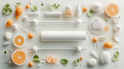 Fitness and nutrition inspiration home studio digital illustration healthy lifestyle aerial view wellness journey concept