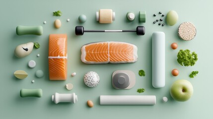 Healthy lifestyle essentials modern kitchen digital illustration minimalist environment top-down view nutrition and fitness concept