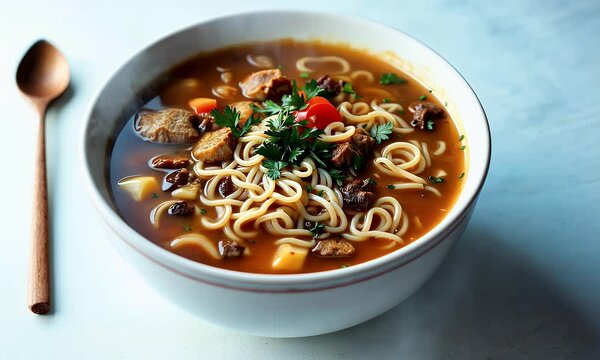 Aromatic and Hearty Steaming Noodle Soup with Meat and Vegetables in a White Bowl