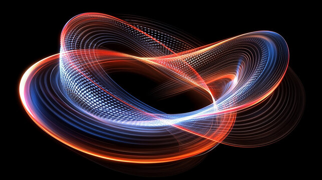 Abstract glowing red, blue, and orange swirling light trails on