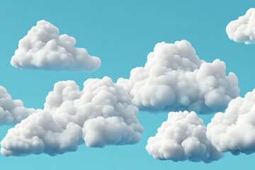 A whimsical collection of fluffy 3D clouds in white, designed in a fun and playful cartoon style.