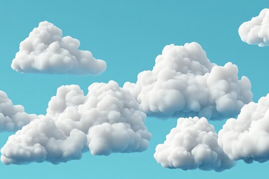 A whimsical collection of fluffy 3D clouds in white, designed in a fun and playful cartoon style.