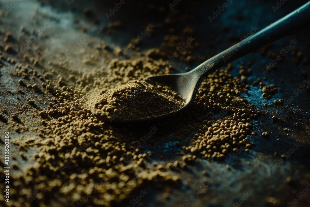 Poster High Angle Shot of a Spoon Gently Resting in a Pile of Cumin Seeds with Some Spilling Over a Dark Surface Highlighted by Soft Light