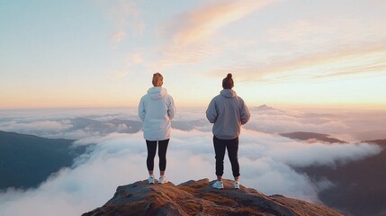 Sunrise adventure two friends standing on a mountain peak overlooking a sea of clouds capturing the essence of freedom and exploration in nature's beauty