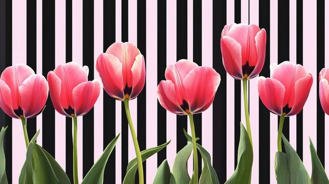 Elegant pink tulips arranged on a minimalist striped background with ample copy space, perfect for spring-themed designs, floral greeting cards, and creative marketing projects.