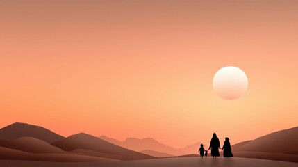 Family outing at sunset desert landscape minimalist illustration serene environment silhouetted viewpoint connection and togetherness