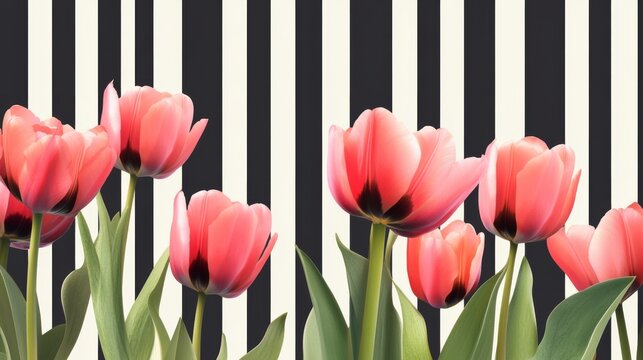 Elegant pink tulips arranged on a minimalist striped background with ample copy space, perfect for spring-themed designs, floral greeting cards, and creative marketing projects.
