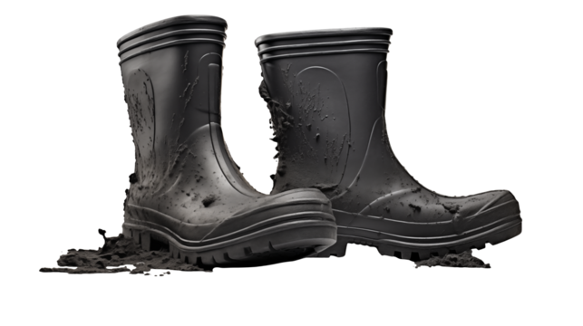 Durable Mud Covered Work Boots on a transparent background - Powered by Adobe