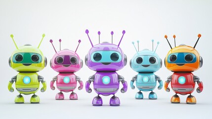 Obraz premium Colorful Cartoon Robots with Different Facial Expressions for Kids' Education and Entertainment