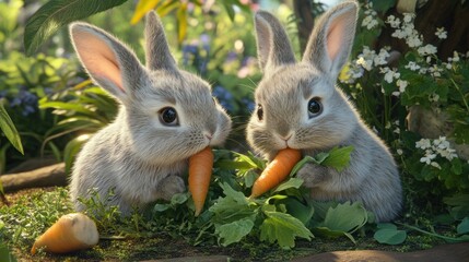 Fototapeta premium Adorable Grey Bunnies Enjoying Carrots in a Lush Garden