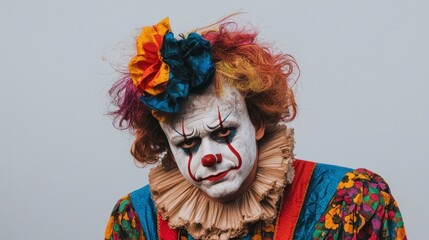 Sad Clown Portrait  Colorful Costume  Makeup  and Expressive Face