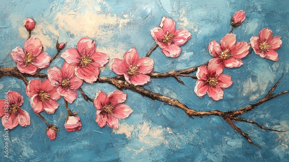 Poster delicate spring display featuring pink blossoms arranged on a rustic wooden table with soft natural 