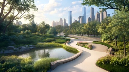 Fototapeta premium Urban Park Landscape Featuring Modern Skyscrapers