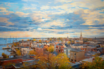 Obraz premium 20th century oil painting with an aerial view with clouds at sunset of a city view with a harbor and fishing port.