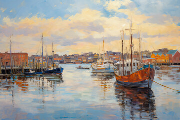 Obraz premium a 20th century oil painting at with clouds at sunset of a city view with a harbor and fishing port.