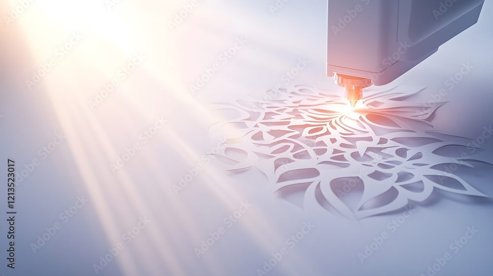 Poster laser cutter creating intricate paper snowflake design