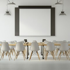 Modern minimalist conference room with projector screen and chairs