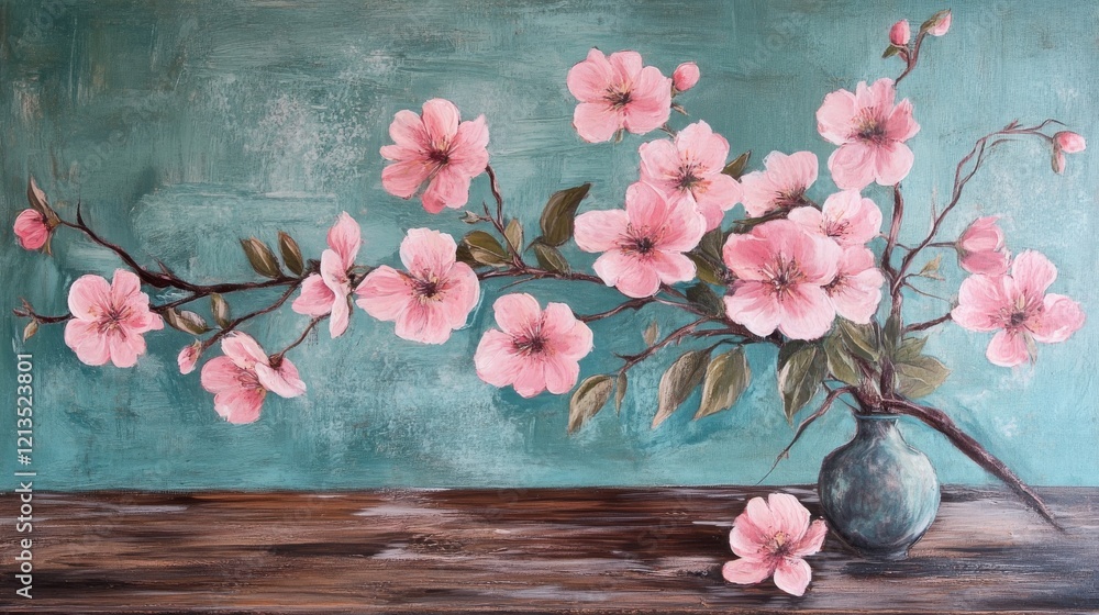 Poster delicate spring display featuring pink blossoms arranged on a rustic wooden table with soft natural 