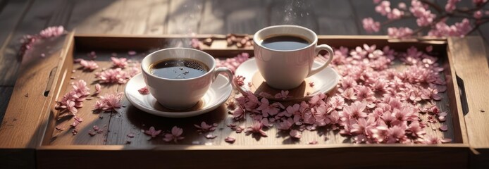 Obraz premium Cherry blossom petals scattered around a simple wooden tray with a steaming coffee cup under warm sunlight, tray, warm, home