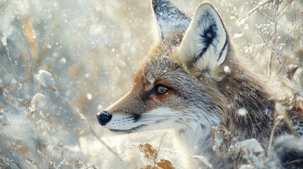 Fototapeta premium A red fox with a curious expression looks to the right, with snow falling around it.